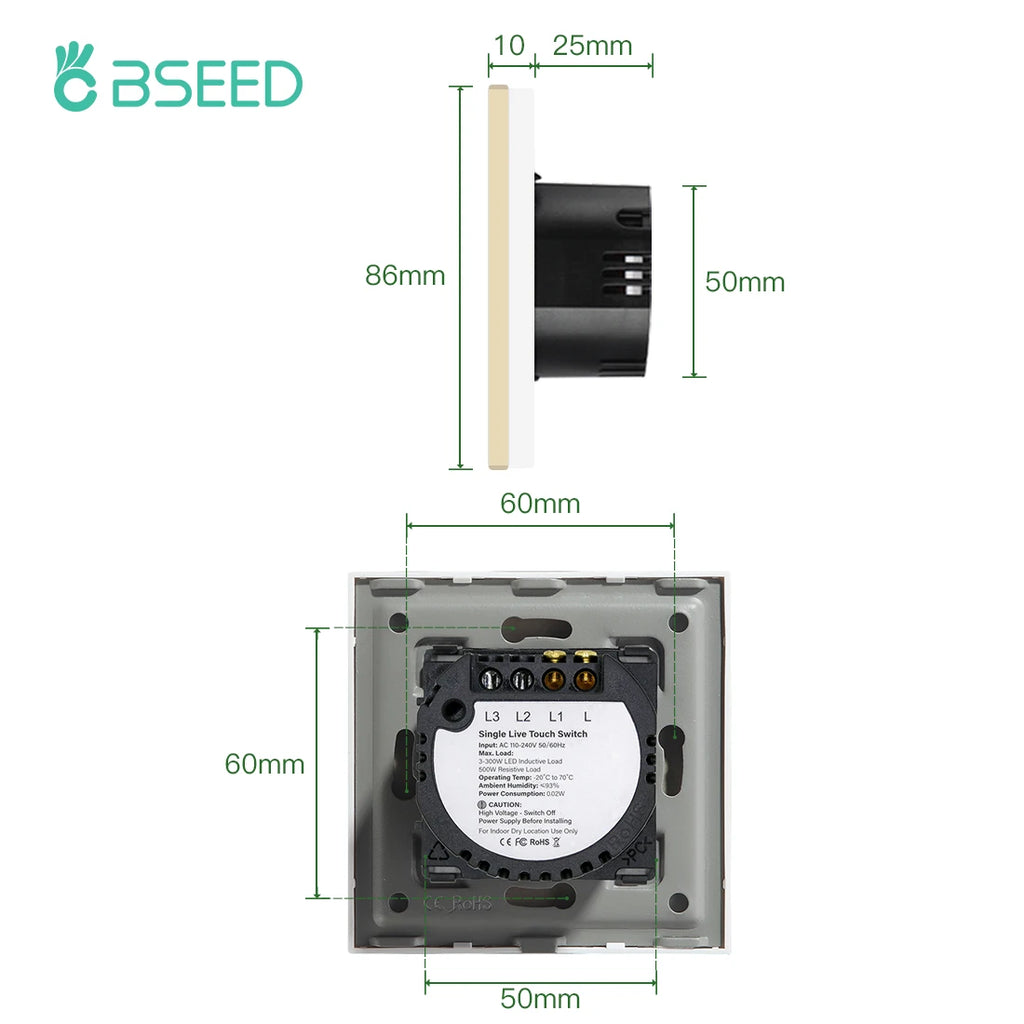 Bseed Touch Light Switch 1/2/3 Gang 1/2 Way Intermediate Stair Switch EU Power Sensor Switches Black White With Glass Panel