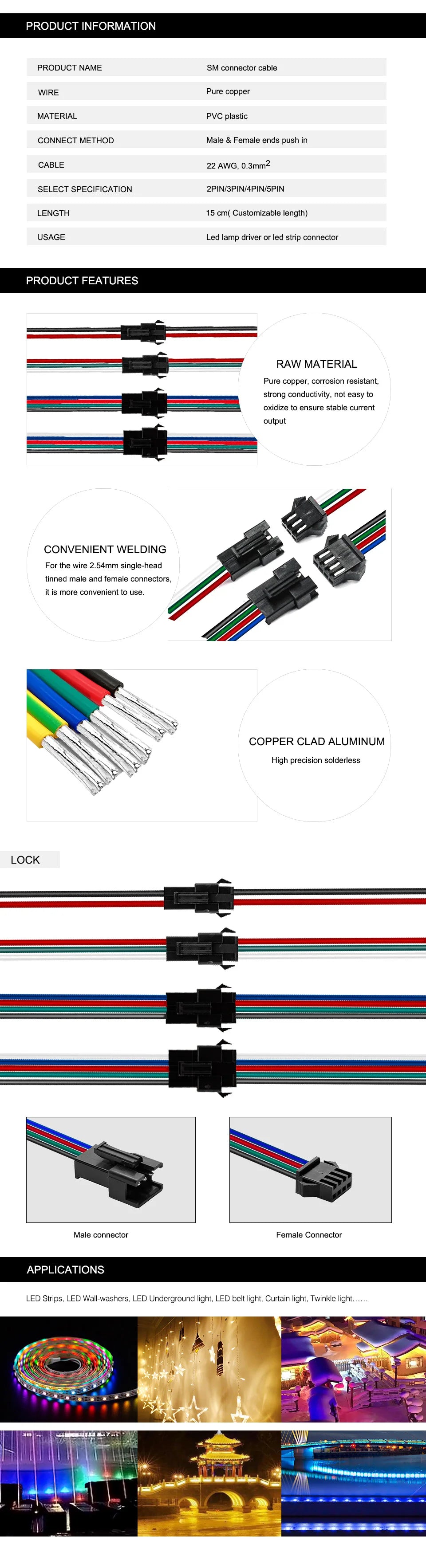 5 Pair 10 Pair 2pin 3pin 4pin 5pin JST Connector SM Male and Female for WS2812B SK6812 WS2815 2835 5050 RGB RGBW LED Light Strip