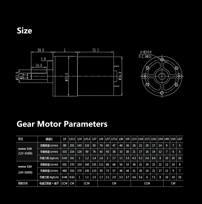 24V ZGA37RG 12V dc gear motor 5RPM 10RPM 15RPM 20RPM 30RPM 50RPM 100RPM to 1000RPM  37MM Gear-box Dc Motor