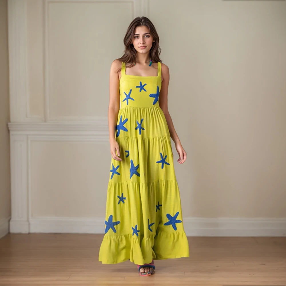 Beach Sundress Vintage Embroidery Square Neck Tiered Dress Fashion Trend Print Square Collar Sleeveless Pleated Slim Fit Dresses