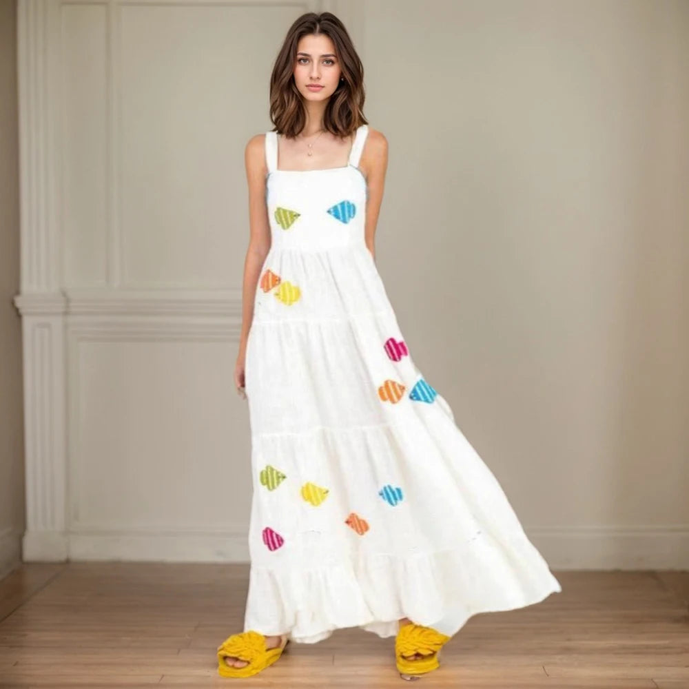 Beach Sundress Vintage Embroidery Square Neck Tiered Dress Fashion Trend Print Square Collar Sleeveless Pleated Slim Fit Dresses
