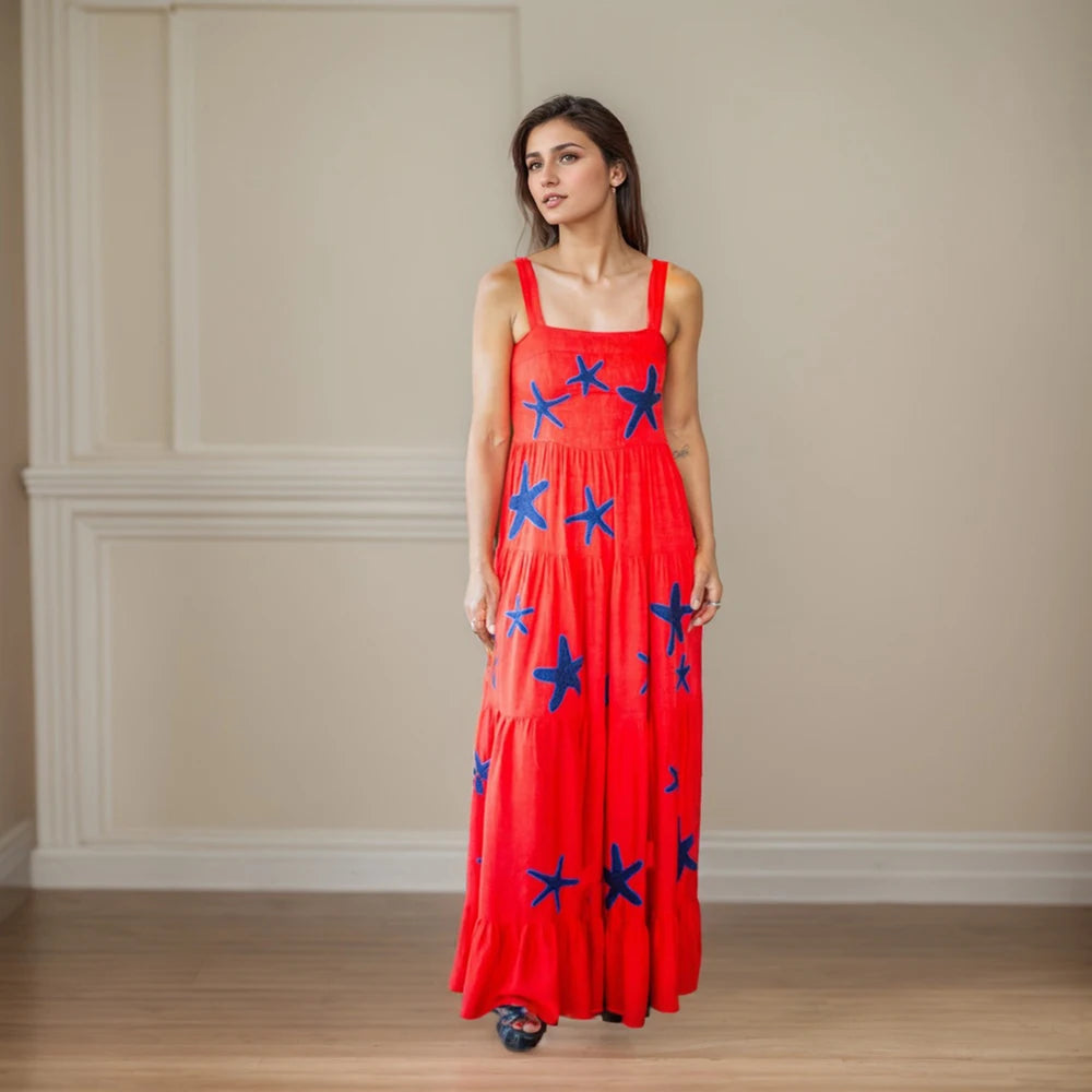 Beach Sundress Vintage Embroidery Square Neck Tiered Dress Fashion Trend Print Square Collar Sleeveless Pleated Slim Fit Dresses