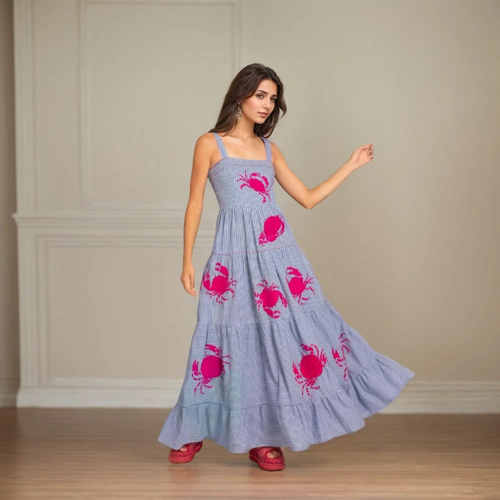 Beach Sundress Vintage Embroidery Square Neck Tiered Dress Fashion Trend Print Square Collar Sleeveless Pleated Slim Fit Dresses