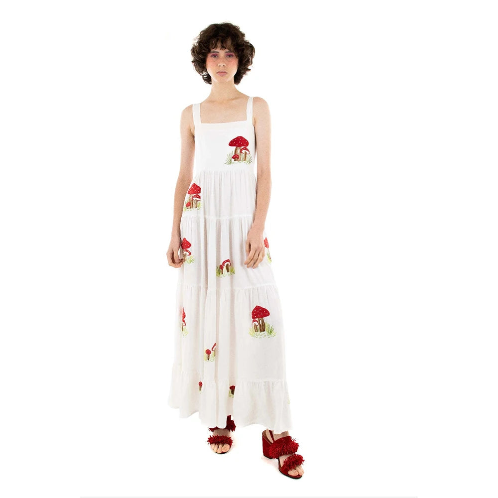 Beach Sundress Vintage Embroidery Square Neck Tiered Dress Fashion Trend Print Square Collar Sleeveless Pleated Slim Fit Dresses