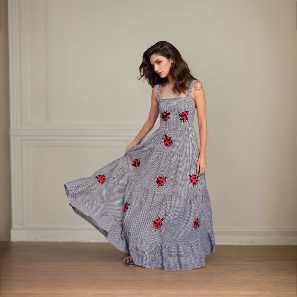 Beach Sundress Vintage Embroidery Square Neck Tiered Dress Fashion Trend Print Square Collar Sleeveless Pleated Slim Fit Dresses