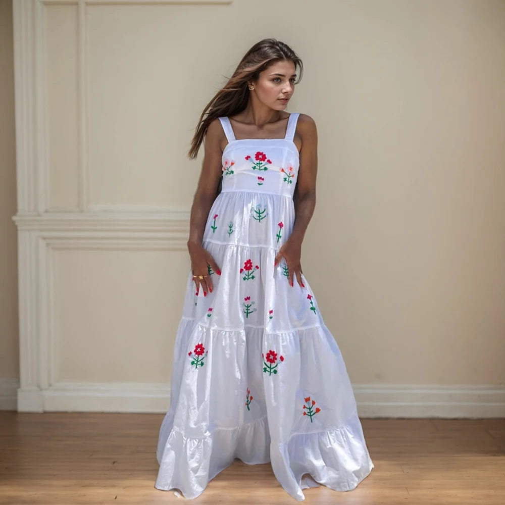 Beach Sundress Vintage Embroidery Square Neck Tiered Dress Fashion Trend Print Square Collar Sleeveless Pleated Slim Fit Dresses