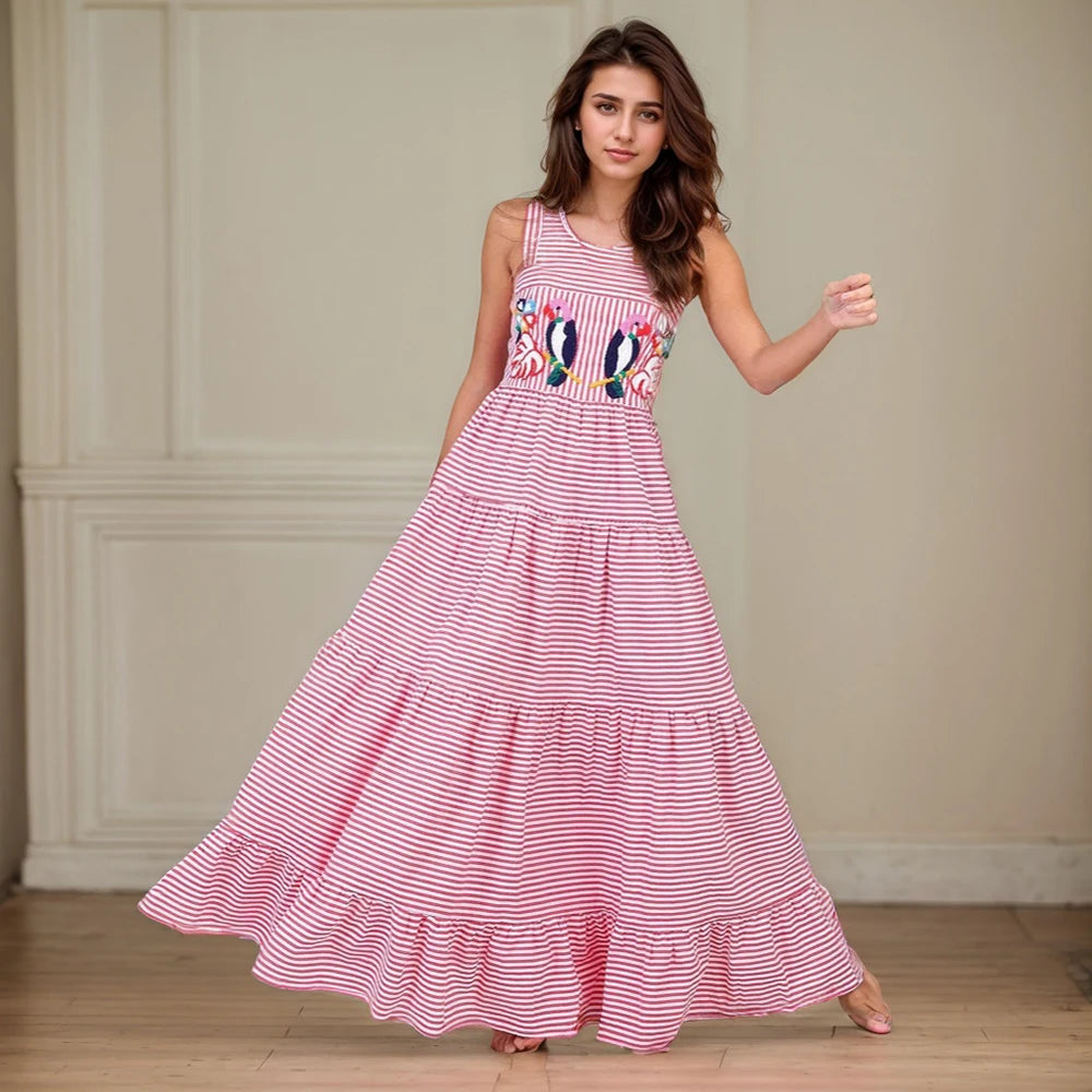 Beach Sundress Vintage Embroidery Square Neck Tiered Dress Fashion Trend Print Square Collar Sleeveless Pleated Slim Fit Dresses