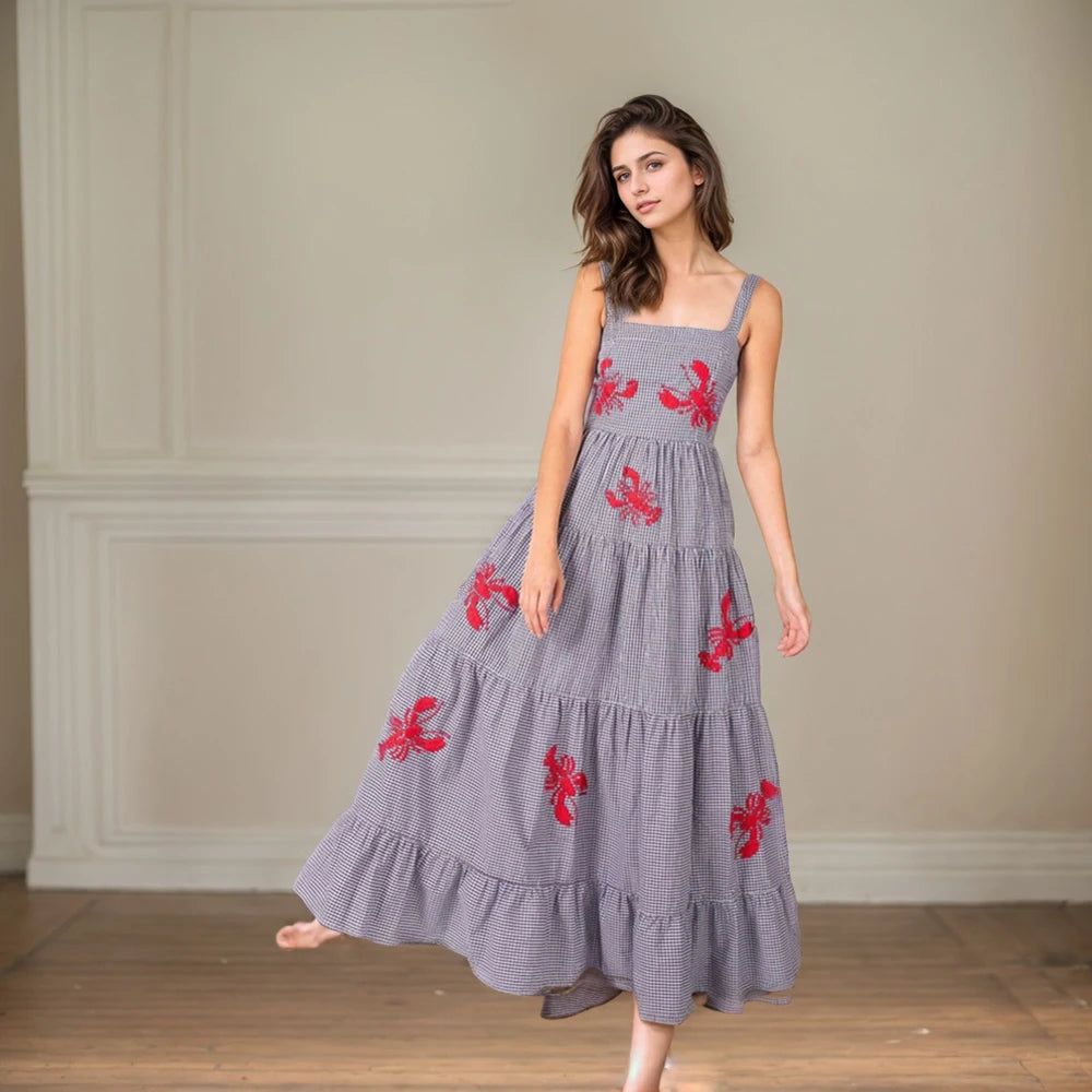 Beach Sundress Vintage Embroidery Square Neck Tiered Dress Fashion Trend Print Square Collar Sleeveless Pleated Slim Fit Dresses