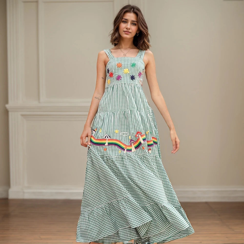 Beach Sundress Vintage Embroidery Square Neck Tiered Dress Fashion Trend Print Square Collar Sleeveless Pleated Slim Fit Dresses