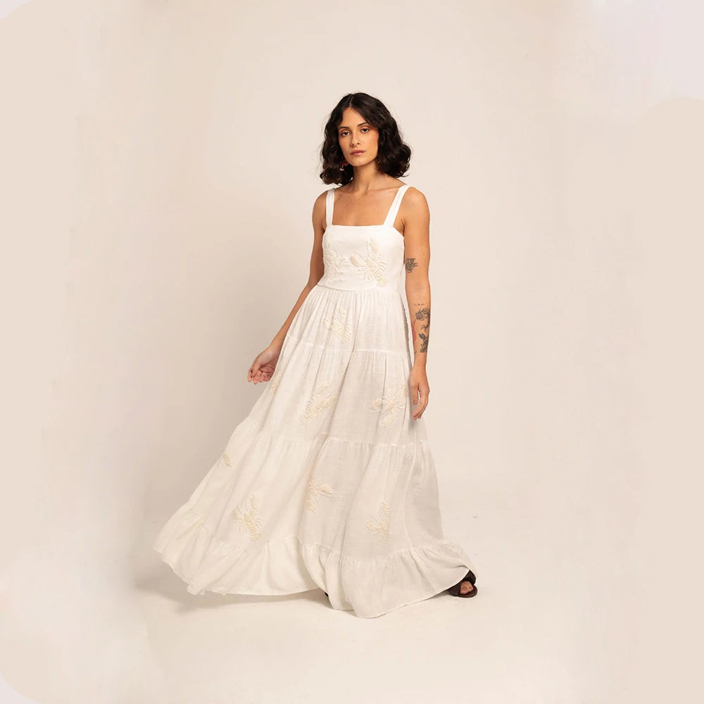 Beach Sundress Vintage Embroidery Square Neck Tiered Dress Fashion Trend Print Square Collar Sleeveless Pleated Slim Fit Dresses