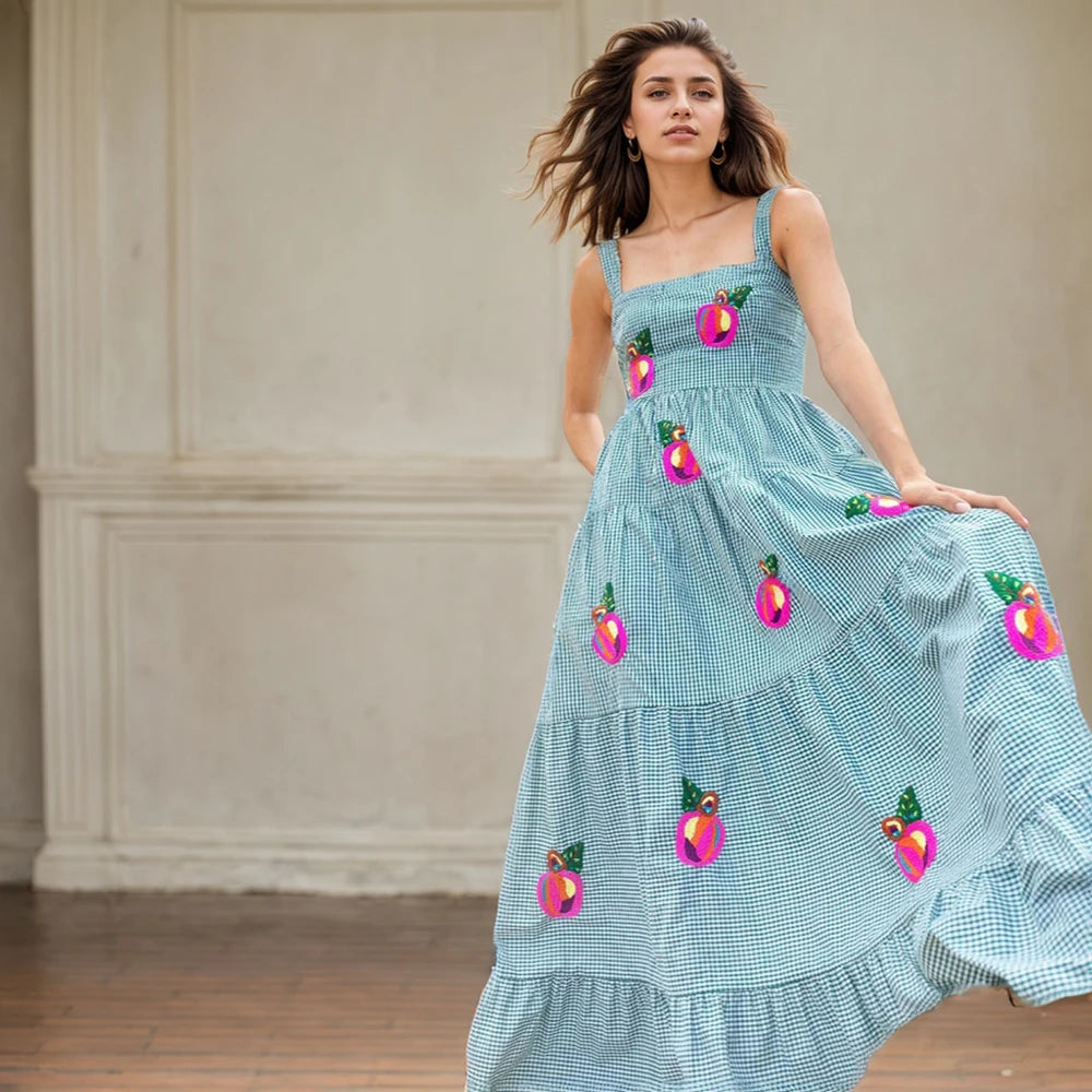 Beach Sundress Vintage Embroidery Square Neck Tiered Dress Fashion Trend Print Square Collar Sleeveless Pleated Slim Fit Dresses