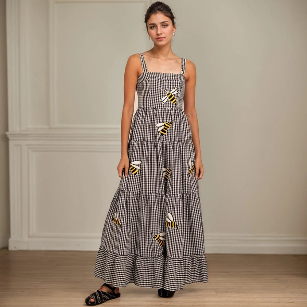 Beach Sundress Vintage Embroidery Square Neck Tiered Dress Fashion Trend Print Square Collar Sleeveless Pleated Slim Fit Dresses