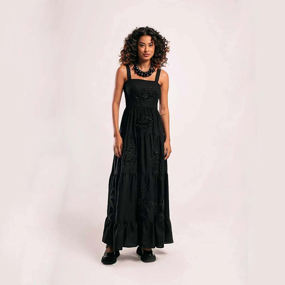 Beach Sundress Vintage Embroidery Square Neck Tiered Dress Fashion Trend Print Square Collar Sleeveless Pleated Slim Fit Dresses