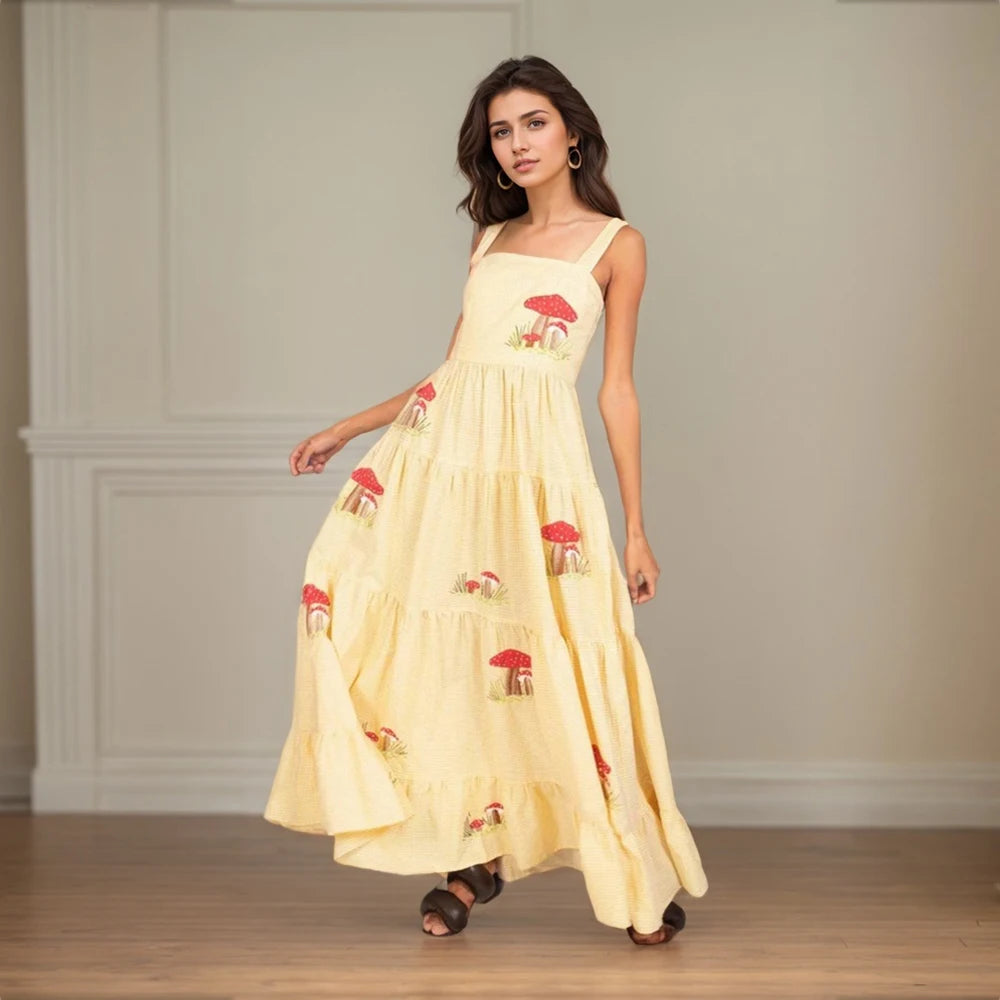 Beach Sundress Vintage Embroidery Square Neck Tiered Dress Fashion Trend Print Square Collar Sleeveless Pleated Slim Fit Dresses