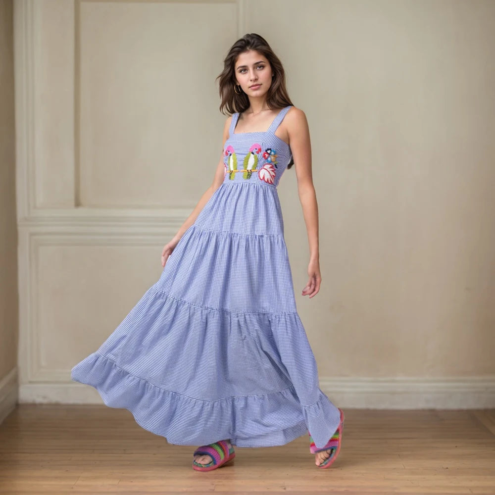 Beach Sundress Vintage Embroidery Square Neck Tiered Dress Fashion Trend Print Square Collar Sleeveless Pleated Slim Fit Dresses