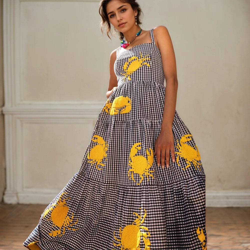Beach Sundress Vintage Embroidery Square Neck Tiered Dress Fashion Trend Print Square Collar Sleeveless Pleated Slim Fit Dresses