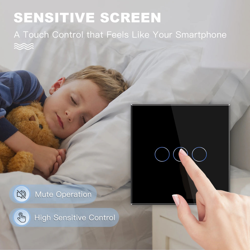 Bseed Touch Light Switch 1/2/3 Gang 1/2 Way Intermediate Stair Switch EU Power Sensor Switches Black White With Glass Panel